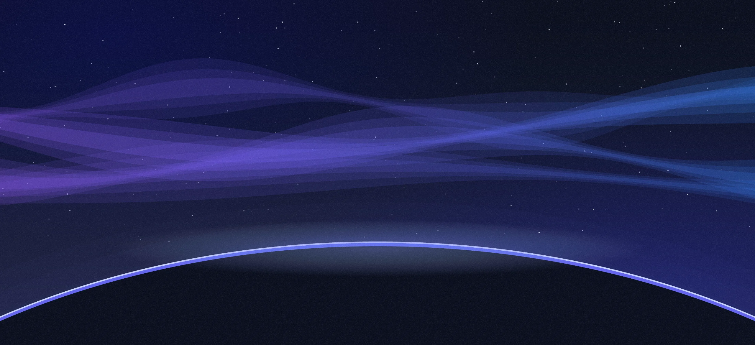 Faixas de aurora em violeta e azul sobre a curva de um horizonte escuro.